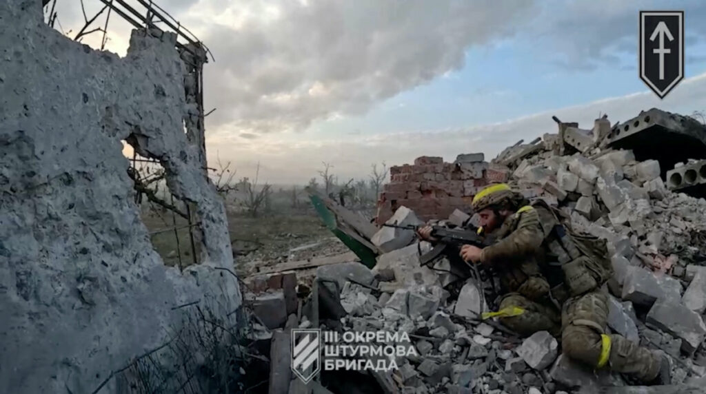 A view of a Ukrainian soldier during the purported liberation of Andriivka, at a location given as Andriivka, Donetsk Region, Ukraine, in a screen grab obtained from a handout video released on 16th September 2023.