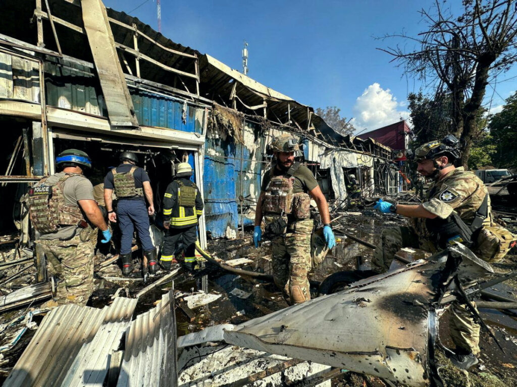 Police officers and rescuers inspect the site of a Russian military strike, amid Russia's attack on Ukraine, in Kostiantynivka, Donetsk region, Ukraine, on 6th September, 2023.