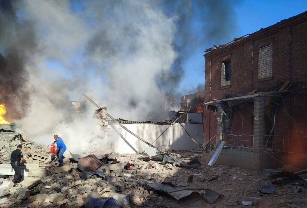 A local man tries to extinguish burning buildings at a site of a Russian missile strike, amid Russia's attack on Ukraine, in Kryvyi Rih, Dnipropetrovsk region, Ukraine, on 8th September, 2023.