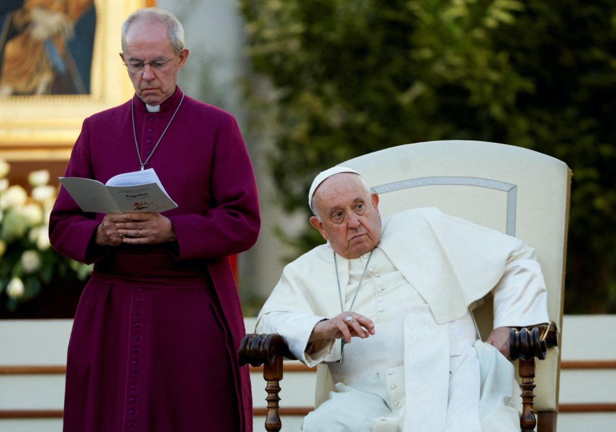 Pope Francis and Justin Welby, the Archbishop of Canterbury and Primate of the Anglican Church attend the ecumenical prayer vigil in St Peter's square at the Vatican, on 30th September, 2023.