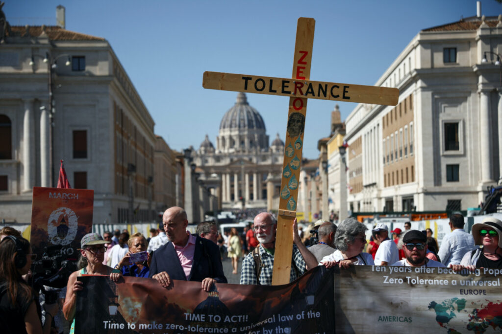 Peter Isely, survivor of sexual abuse, and founder of Ending Clergy Abuse Tim Law attend a march with survivors of clergy sexual abuse and activists near the Vatican, in Rome, Italy, on 27th September, 2023
