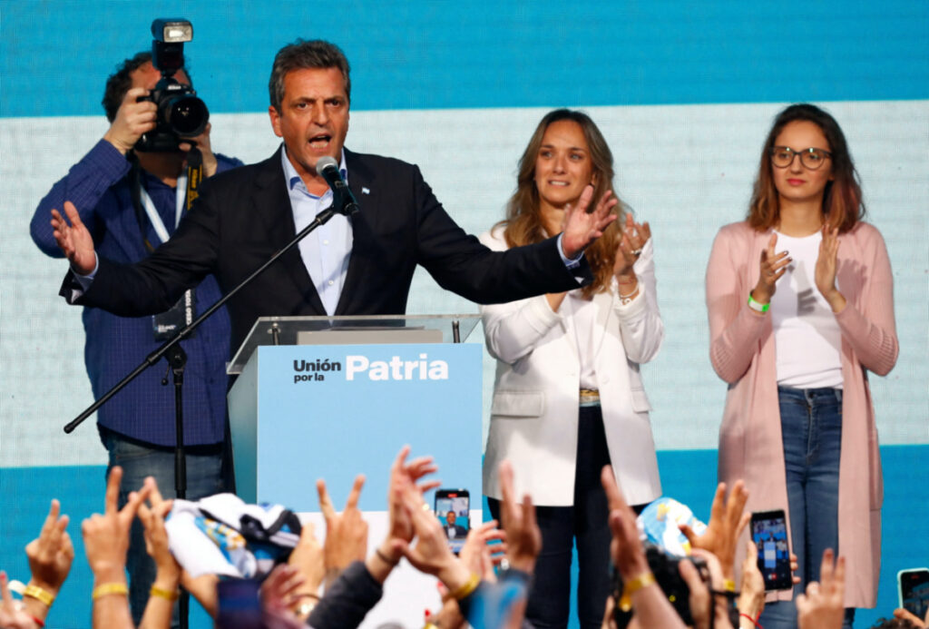Argentina's presidential candidate Sergio Massa addresses supporters, as he reacts to the results of the presidential election, in Buenos Aires, Argentina, on 22nd October, 2023