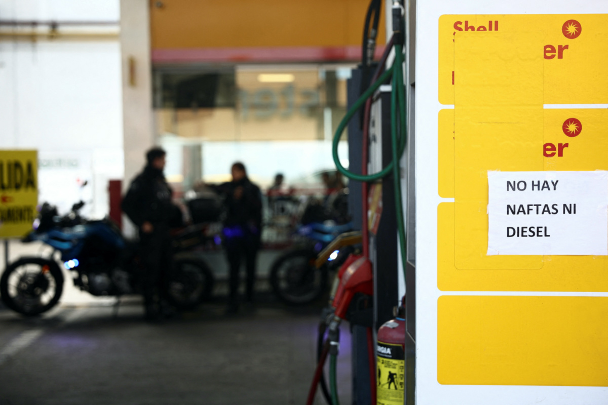 A sign reading "There is no NAFTAS nor diesel" is seen at a gas station during a gasoline shortage in Buenos Aires, Argentina, on 30th October, 2023