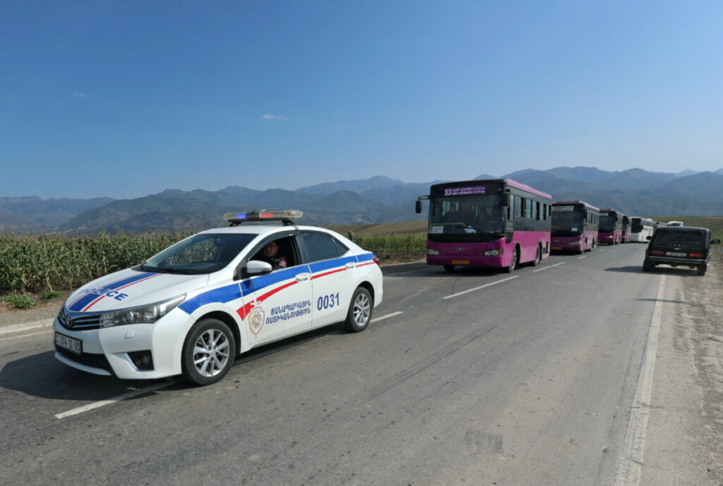 Buses carrying refugees from Nagorno-Karabakh region arrive in the border village of Kornidzor, Armenia, on 29th September, 2023