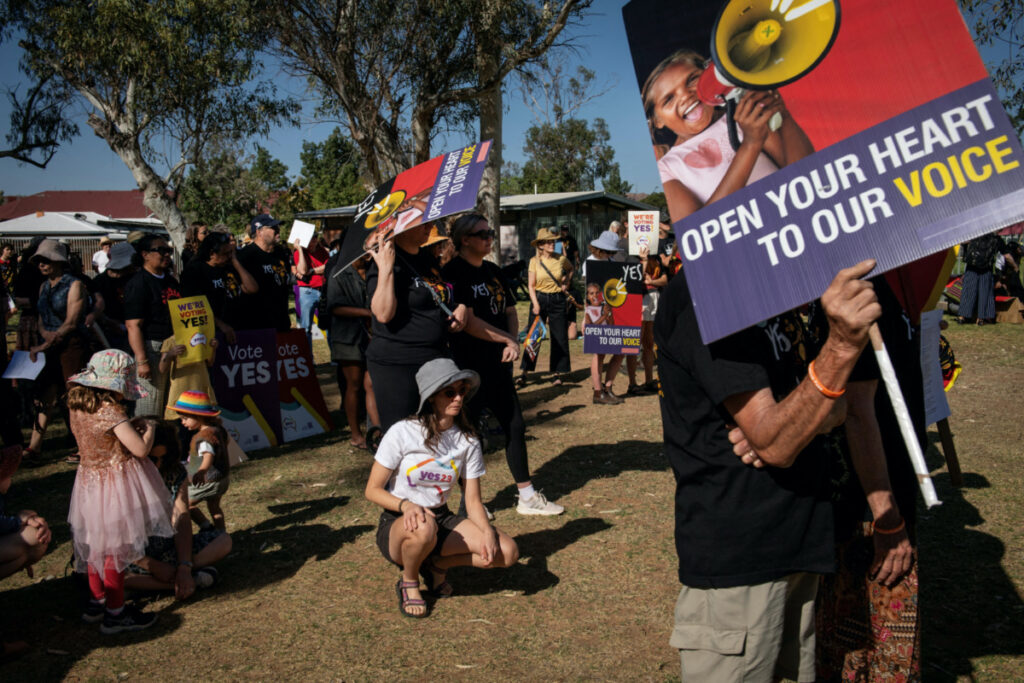 People rally during the 'Walk for Yes', hosted by the Yes23 campaign Australia's upcoming referendum on Indigenous issues, at the Todd River in Alice Springs, Australia, on 17th September, 2023.