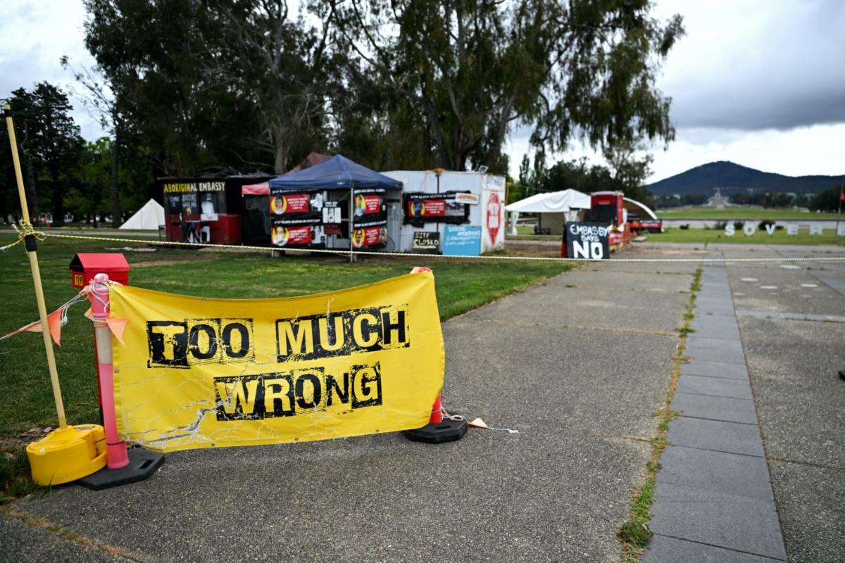 A ‘No’ sign sits in front of the Tent Embassy near the Old Australian Parliament House as voters arrive during The Voice referendum, in Canberra, Australia, on 14th October, 2023