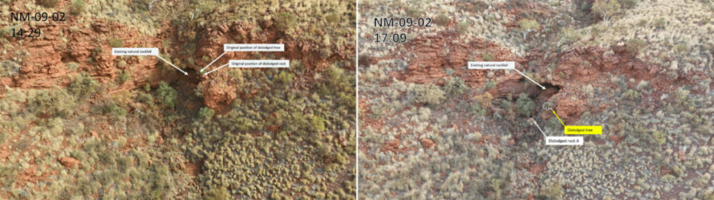 A combination image shows the Nammuldi rock shelter before and after a mine blast by Rio Tinto in the Pilbara region of Western Australia, on 6th August, 2023