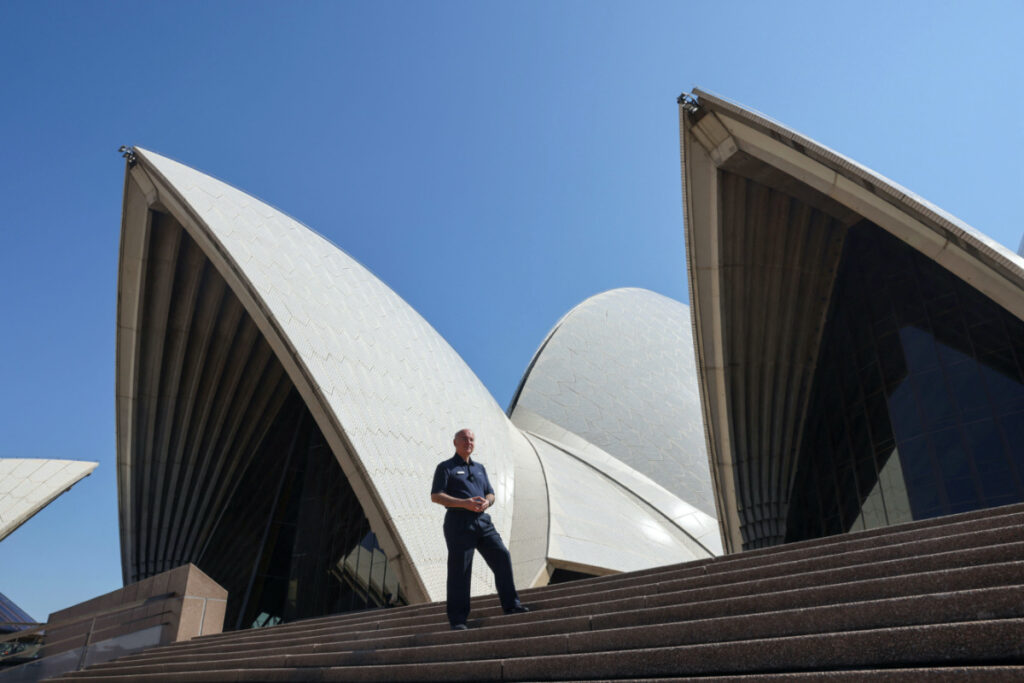 Former architect and tour guide Peter Sekules poses for a photo at the Sydney Opera House in Sydney, Australia, on 29th September, 2023