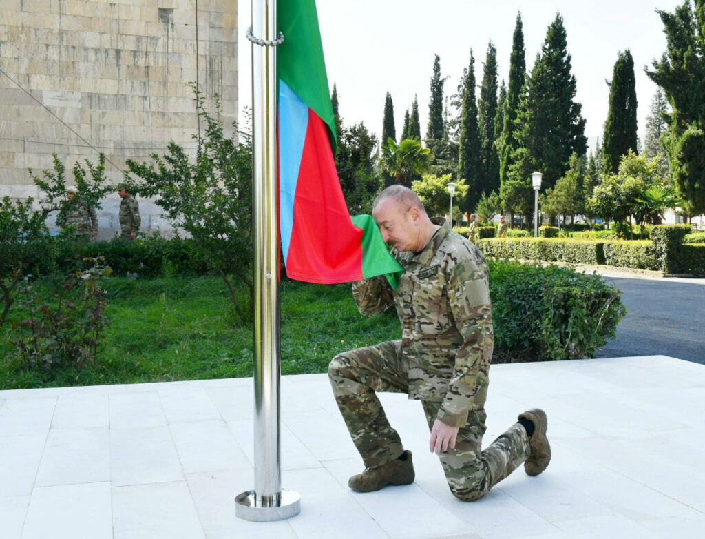 Azerbaijan's President Ilham Aliyev attends a flag raising ceremony in the town of Aghdara, known as Martakert by Armenians, following Azerbaijan's military operation and a further mass exodus of ethnic Armenians from the region of Nagorno-Karabakh, Azerbaijan, on 15th October, 2023