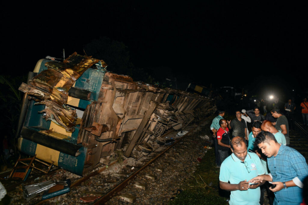 A general view of derailed compartments of train after two trains collided in Bhairab, about 80 kilometres north-east of the capital Dhaka, Bangladesh, on 23rd October, 2023