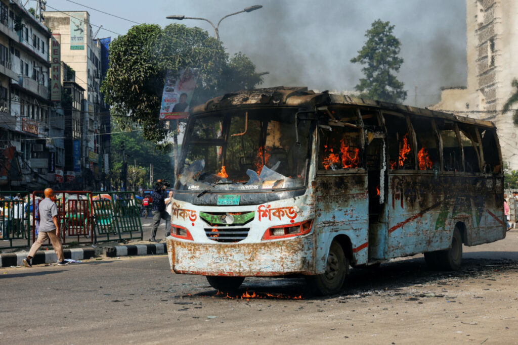 Unidentified miscreants set a public bus on fire during a countrywide strike from dawn to dusk called by the Bangladesh Nationalist Party, protesting against the alleged police attacks on their Saturday rally in Dhaka, Bangladesh, on 29th October, 2023.