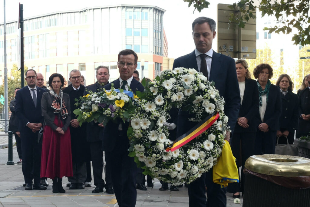 Swedish Prime Minister Ulf Kristersson and Belgian Prime Minister Alexander De Croo pay tribute to the victims two days after a gunman shot dead two Swedes, at the place of the shooting in Brussels, Belgium, on 18th October, 2023
