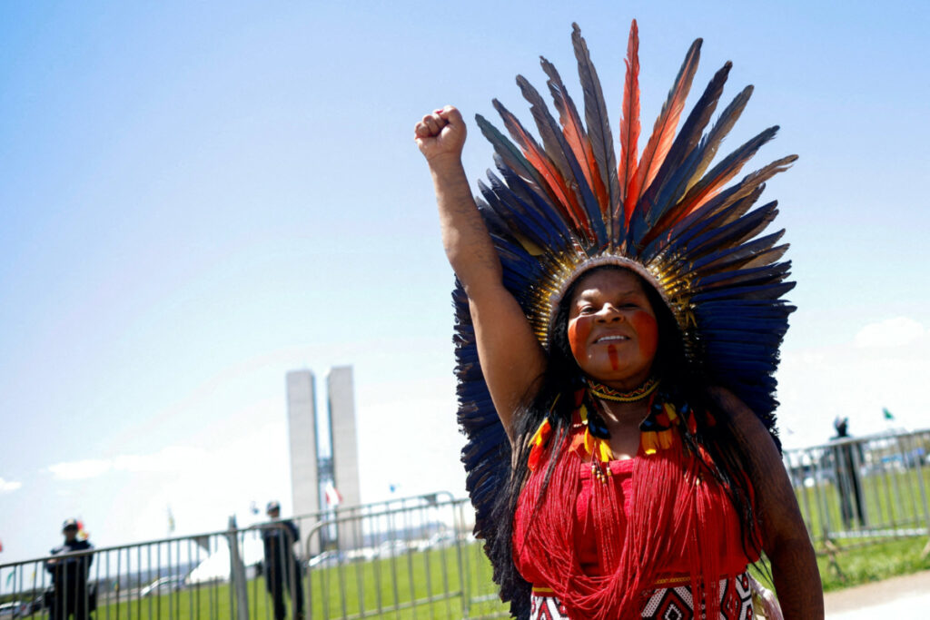 Minister of Indigenous Peoples Sonia Guajajara gestures in front of the National Congress Palace, during the third March of Indigenous Women, in defence of women's rights, local indigenous people and the environment in Brasilia, Brazil on 13th September, 2023.