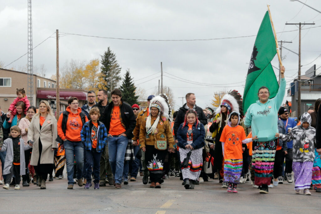 Prime Minister Justin Trudeau and Lac La Ronge Chief Tammy Cook-Searson lead an Awareness Walk on the National Day for Truth and Reconciliation in Lac La Ronge, Saskatchewan, Canada, on 30th September, 2023