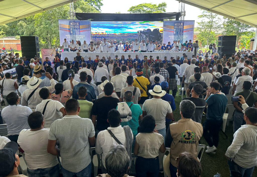 People participate in the installation of the peace dialogues between the FARC guerrilla dissidents calling themselves the Central General Staff and the Colombian government, in Tibu, Colombia, on 8th October, 2023.