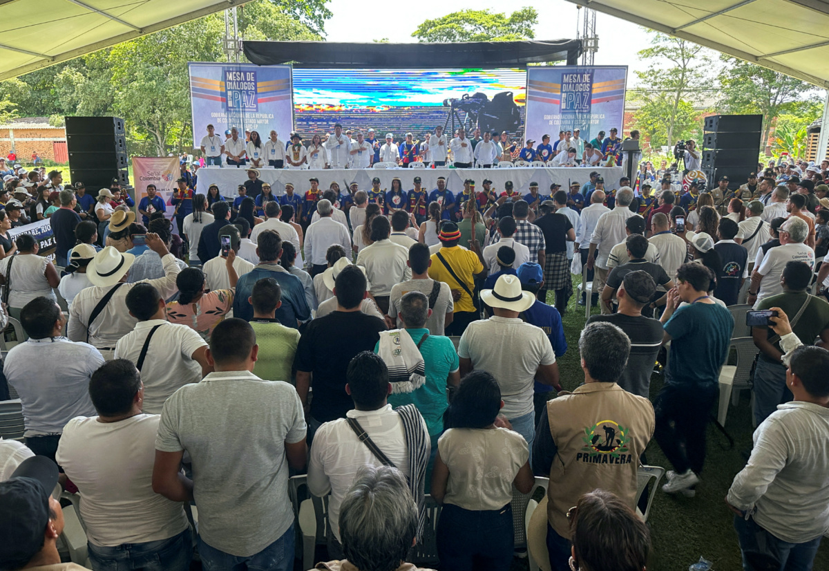 People participate in the installation of the peace dialogues between the FARC guerrilla dissidents calling themselves the Central General Staff and the Colombian government, in Tibu, Colombia, on 8th October, 2023.
