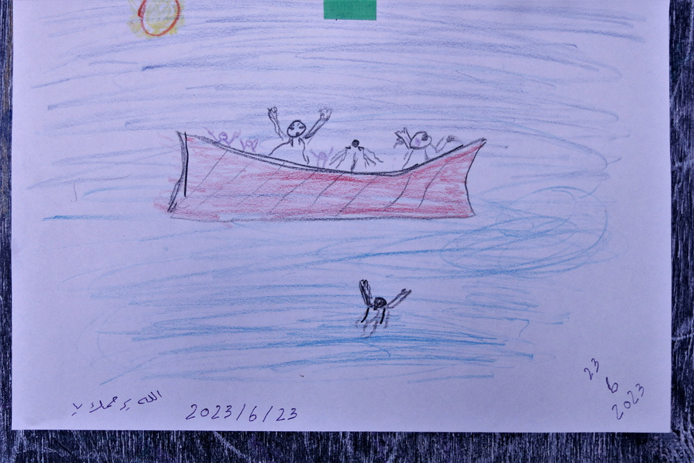 Handout image, obtained by Reuters, on 12th October, 2023, of a drawing by a migrant rescued by Medecins Sans Frontieres from a rubber boat adrift in the Mediterranean Sea, that shows when a 23-year-old man from Syria went overboard and was unable to be retrieved.