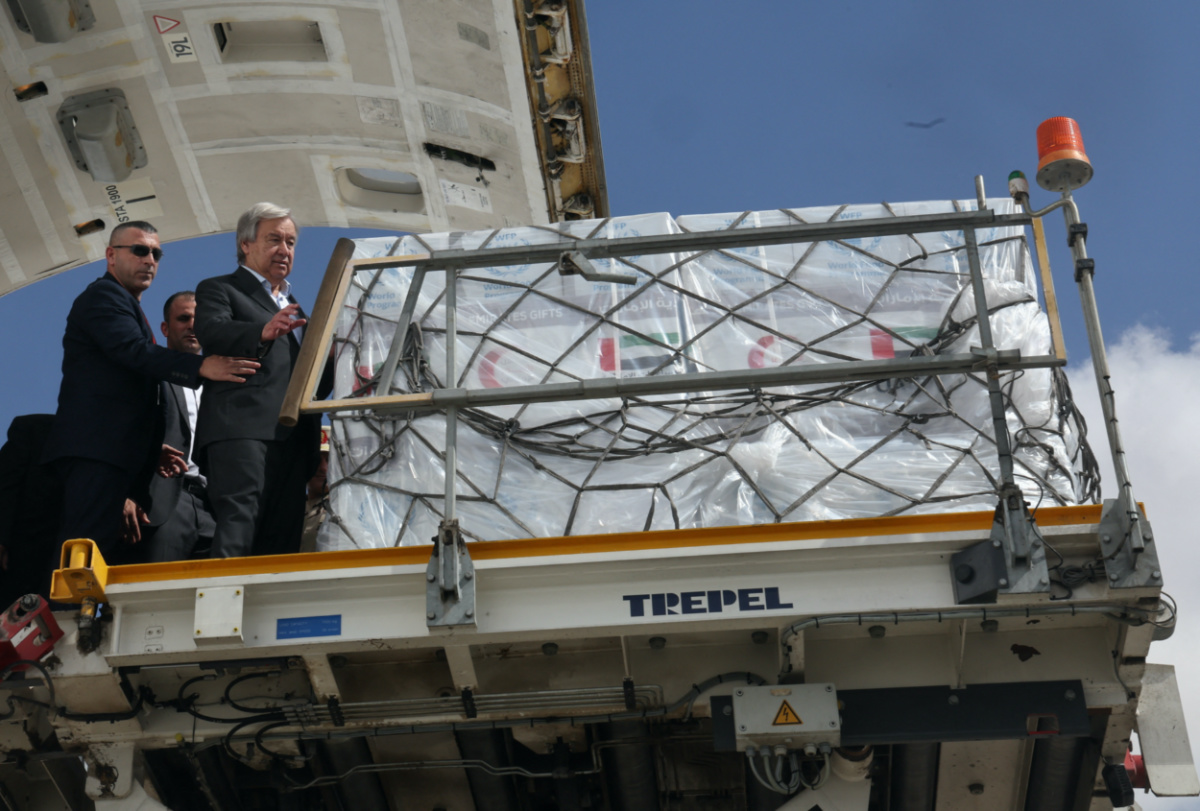 United Nations Secretary-General Antonio Guterres inspects aid for Palestinians, as officials wait to deliver aid to Gaza through the Rafah border crossing between Egypt and the Gaza Strip, amid the ongoing conflict between Israel and the Palestinian Islamist group Hamas, at Al Arish airport, in Egypt, on 20th October, 2023
