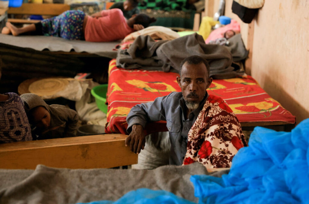 A man displaced due to the fighting between the Tigray People's Liberation Front forces and Ethiopian National Defence Force allied with Amhara Special Forces, sits in his shelter at the Abi Adi camp for the Internally Displaced Persons in Abi Adi, Tigray Region, Ethiopia, on 24th June, 2023