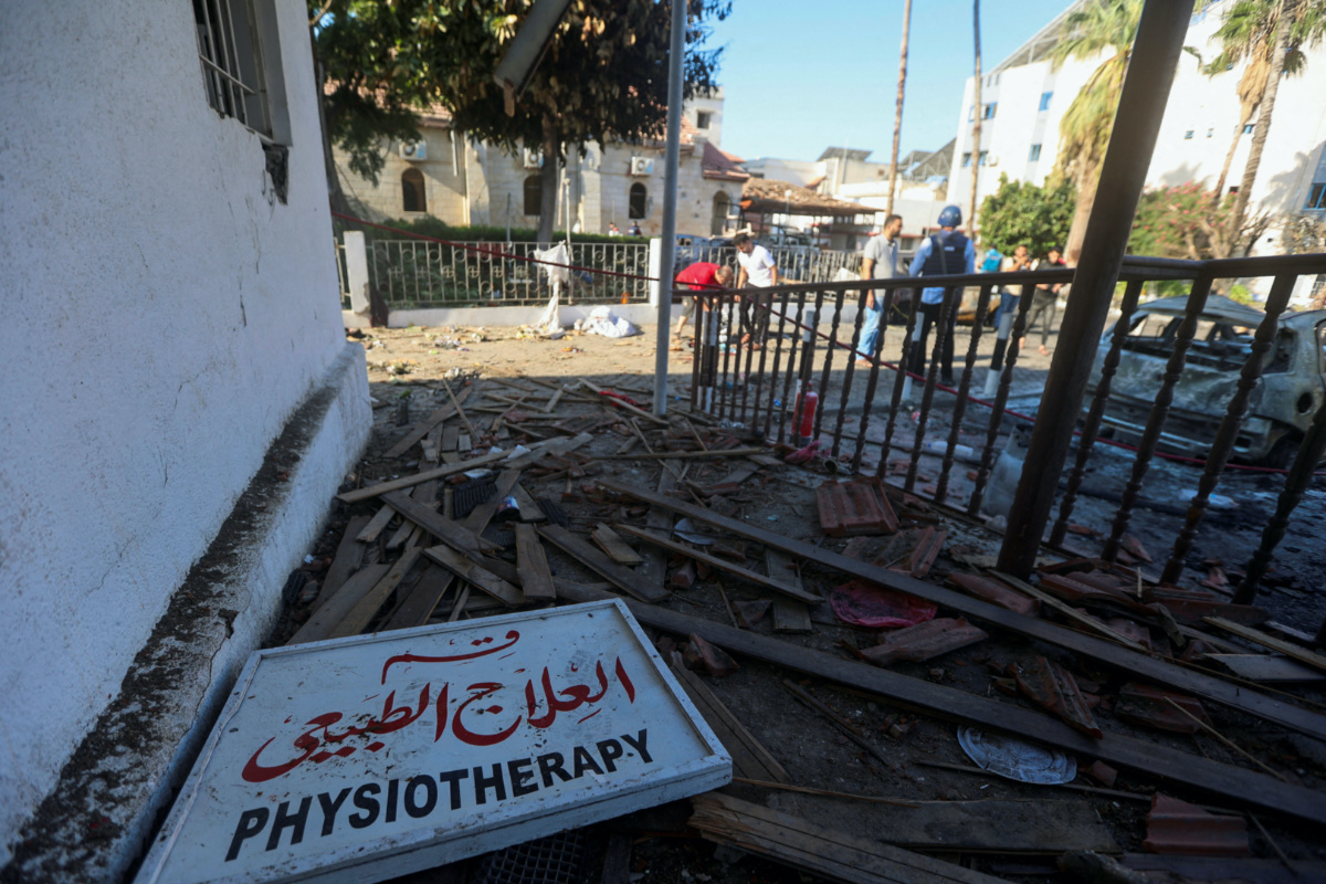 A view of debris in the area of Al-Ahli hospital where hundreds of Palestinians were killed in a blast that Israeli and Palestinian officials blamed on each other, and where Palestinians who fled their homes were sheltering amid the ongoing conflict with Israel,  in Gaza City, on 18th October, 2023