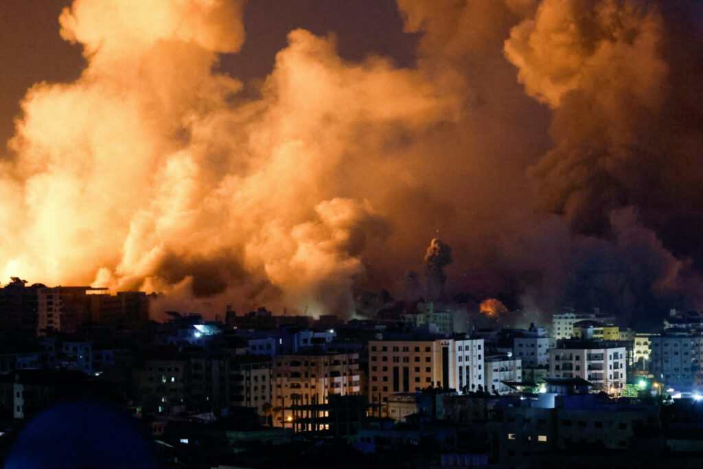 Flames and smoke billow during Israeli strikes in Gaza, on 9th October, 2023.