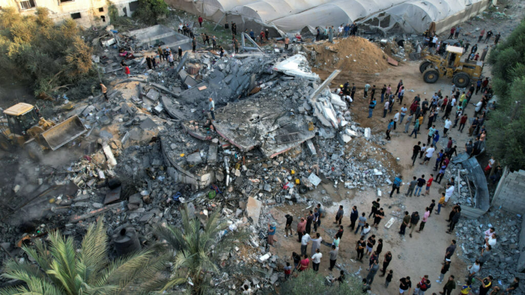 A view shows the remains of a Palestinian house destroyed in Israeli strikes in the central Gaza Strip on 15th October, 2023