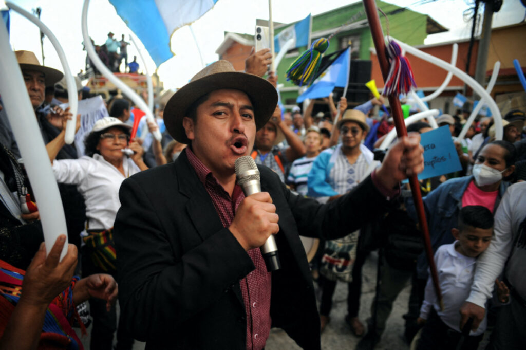 Mayan Ancestral Authorities demonstrate requesting the resignation of the Attorney General, as part of the blockades and demonstrations held nationwide in the fight for democracy, in Guatemala City, Guatemala, on 2nd October, 2023.
