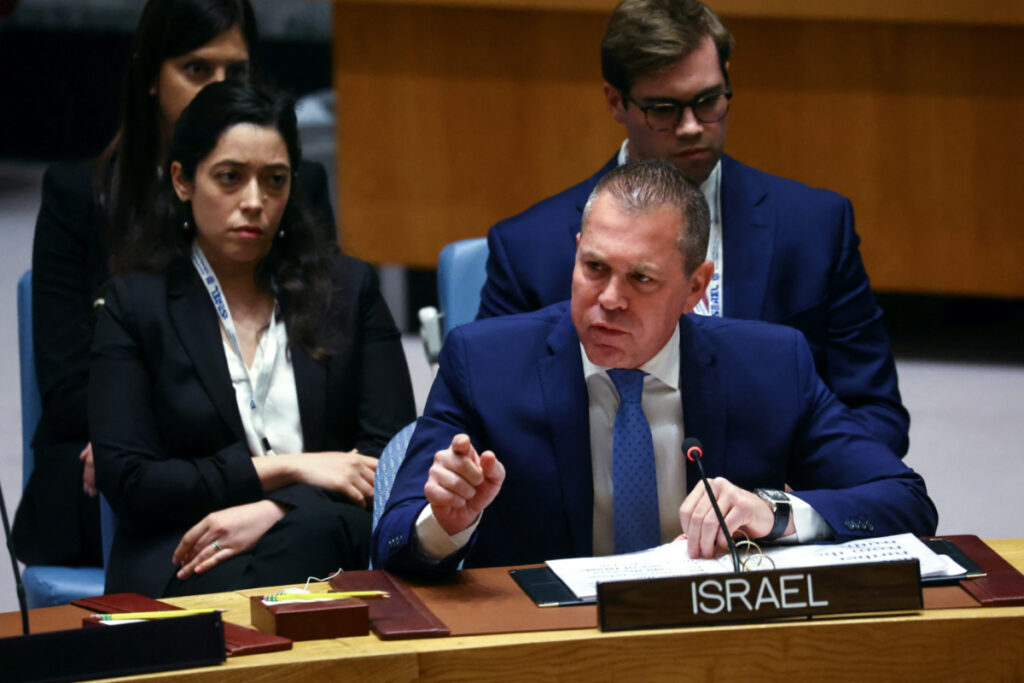 Israel’s Ambassador to the United Nations Gilad Erdan speaks during a meeting of the United Nations Security Council at UN headquarters in New York City, US, on 25th April, 2023