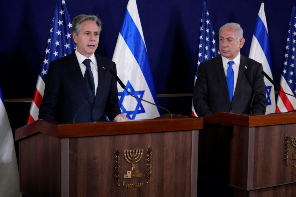 US Secretary of State Antony Blinken and Israel’s Prime Minister Benjamin Netanyahu make statements to the media inside The Kirya, which houses the Israeli Ministry of Defense, after their meeting in Tel Aviv, Israel, on Thursday 12th October, 2023