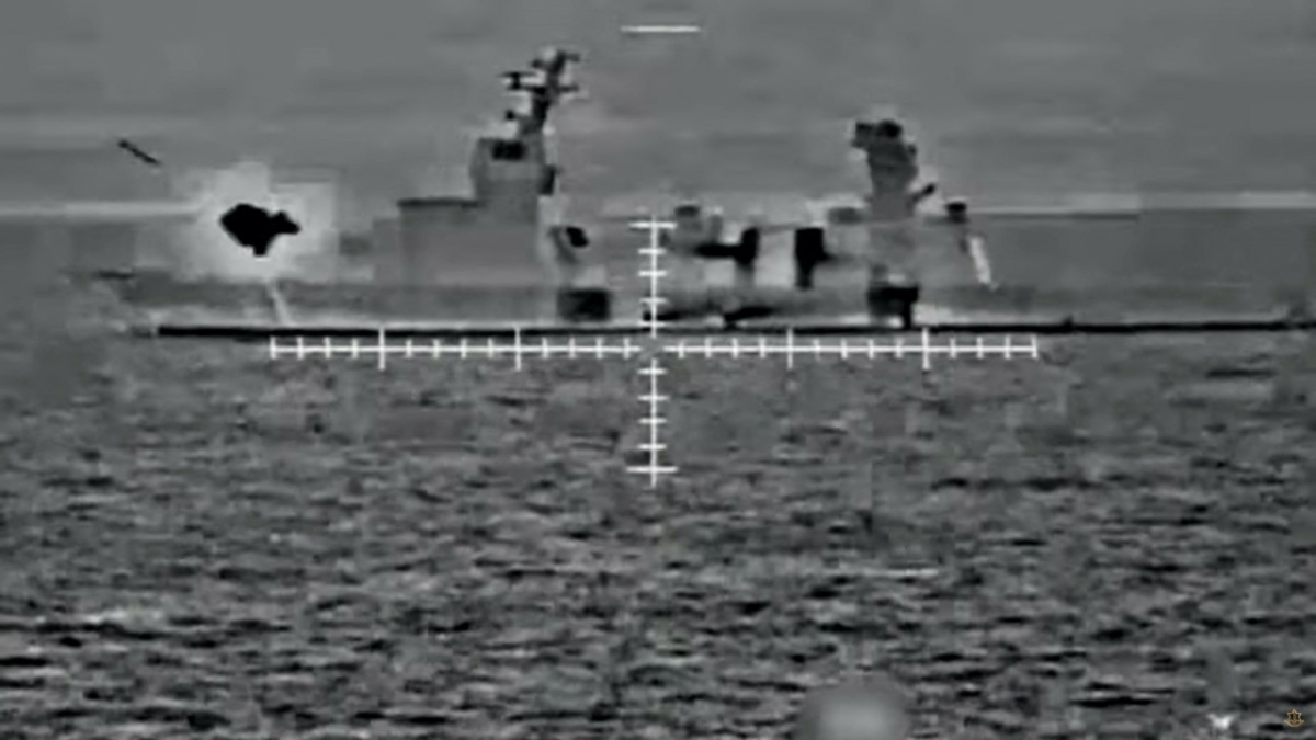 Israeli Navy Sa'ar 6-class corvette warship fires at a target in Gaza, during the Israeli-Palestinian conflict, from an unspecified location on 14th October, 2023 in this still image from handout video.