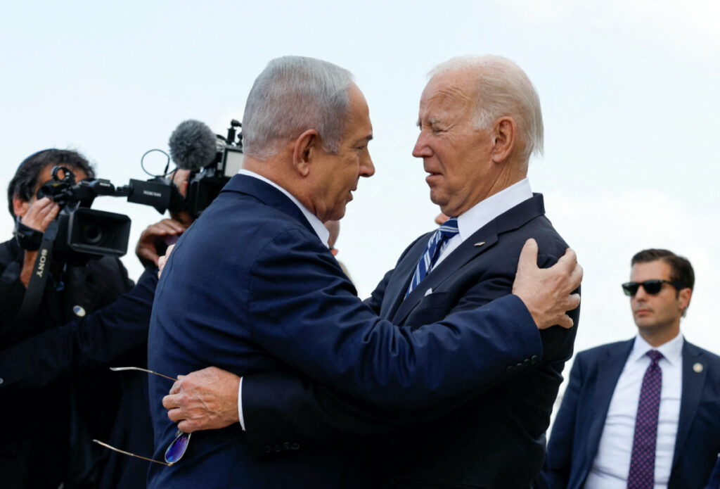 US President Joe Biden is welcomed by Israeli Prime Minster Benjamin Netanyahu, as he visits Israel amid the ongoing conflict between Israel and Hamas, in Tel Aviv, Israel, on 18th October, 2023.