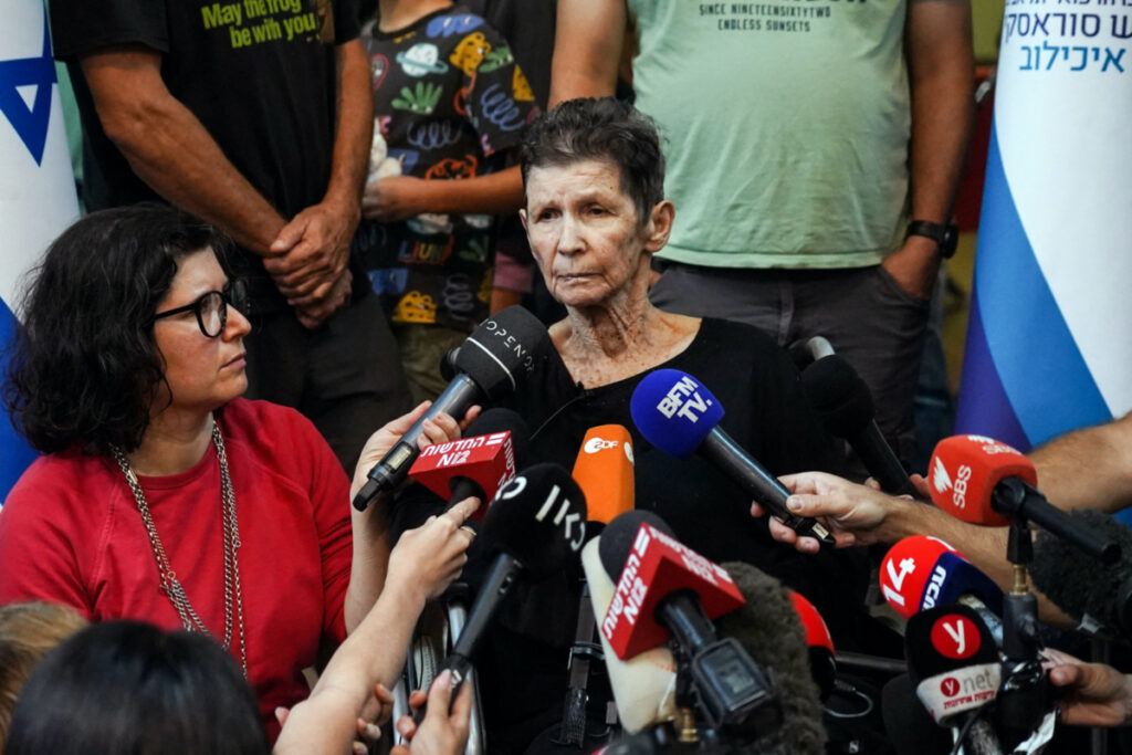 Yocheved Lifshitz, 85, an Israeli grandmother who was held hostage in Gaza, speaks to members of the press after being released by Hamas militants, at Ichilov Hospital in Tel Aviv, Israel, on 24th October, 2023.