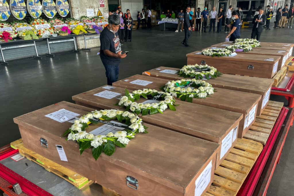 Coffins carrying bodies of Thai migrant agricultural workers who were killed in an attack by the Palestinian militant group Hamas on Israel, arrive at Bangkok's Suvarnabhumi Airport, Thailand, on 20th October, 2023.