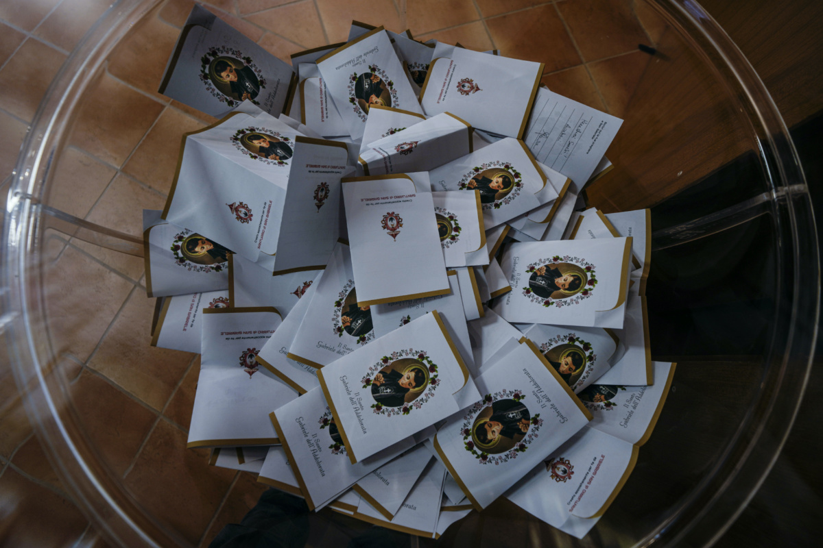Petitions to St Gabriele are left in a bowl at St Gabriele dell'Addolorata sanctuary in Isola del Gran Sasso near Teramo in central Italy on Sunday, 18th June, 2023
