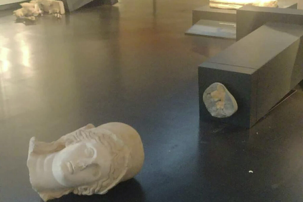 This image released by Israel Police shows two ancient Roman statues toppled at the Israel Museum in Jerusalem, Thursday, on 5th October, 2023