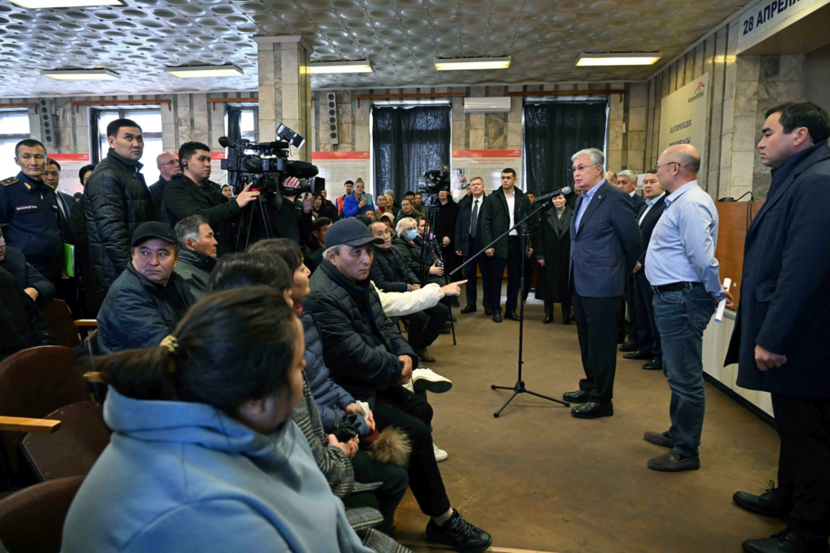 Kazakh President Kassym-Jomart Tokayev meets with relatives of miners who died in a fire at the Kostenko coal mine operated by ArcelorMittal Temirtau in Karaganda Region, Kazakhstan on 28th October, 2023