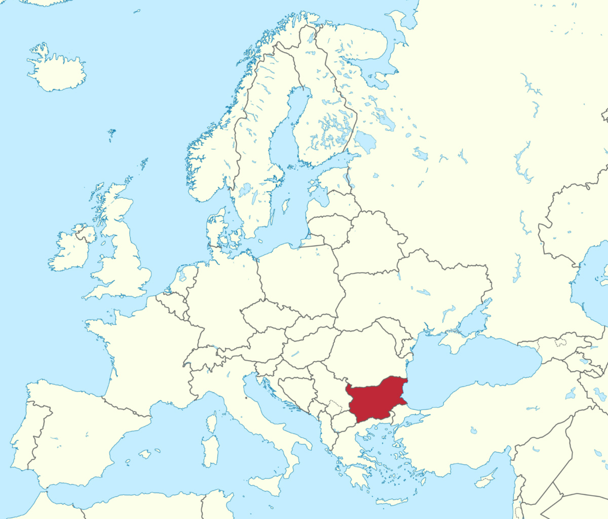 Bulgaria, red, in eastern Europe.
