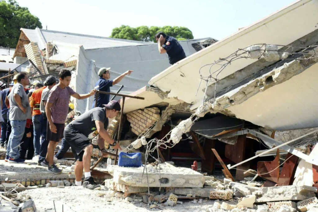 Rescue workers search for survivors amid debris after the roof of a church collapsed during a Sunday Mass in Ciudad Madero, Mexico, on Sunday, 1st October, 2023