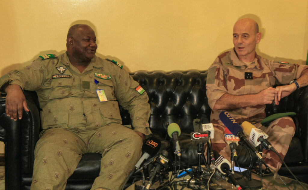 Nigerien Colonel Major Mamane Sani Kiaou holds a press conference with French General Eric Ozonne after French troops began withdrawing, in Niamey, Niger, on 20th October, 2023.