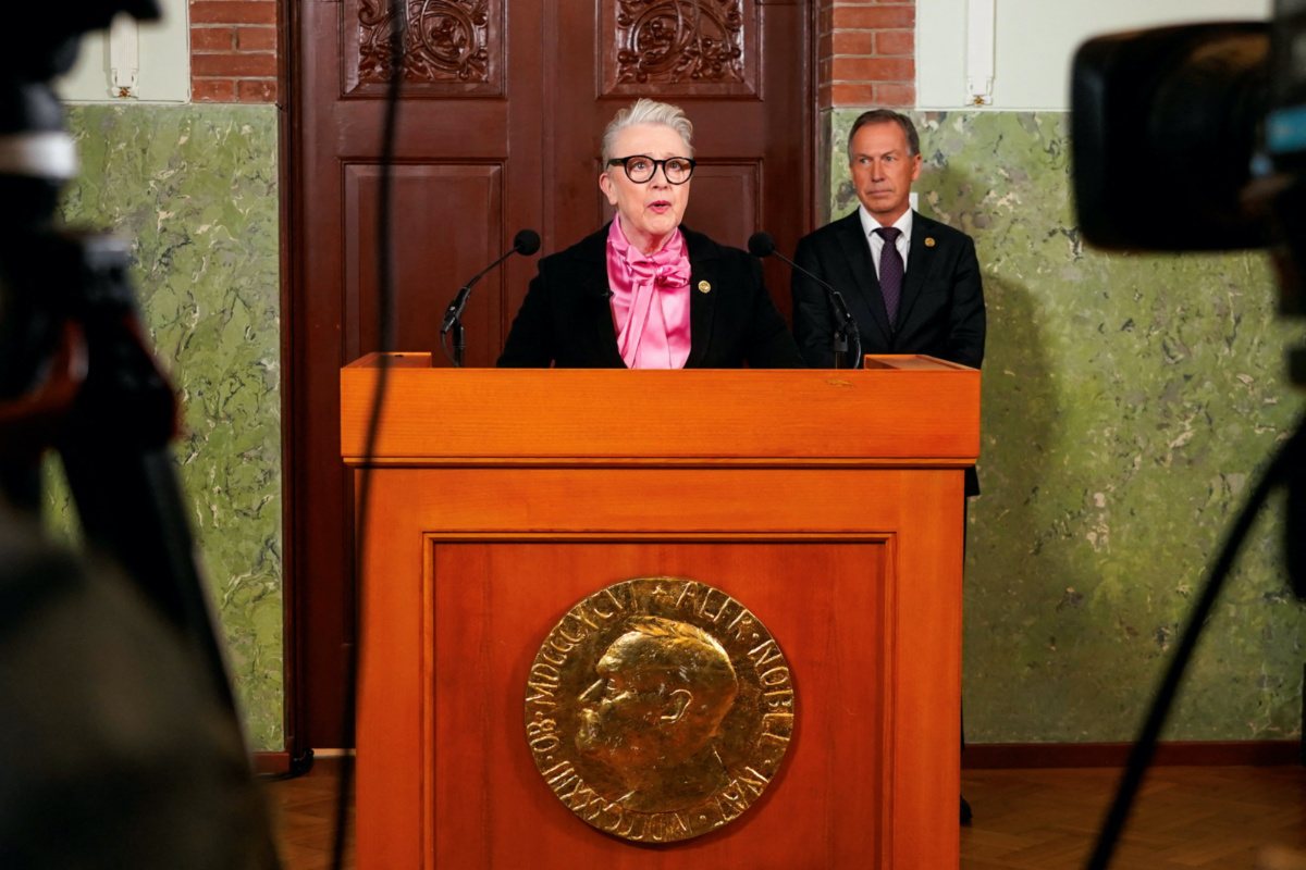 Nobel Committee Chair Berit Reiss-Andersen announces the winner of Nobel Peace Prize for 2023. 