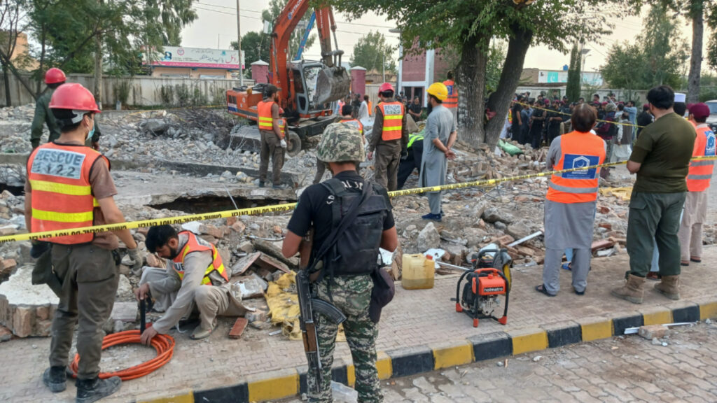 Rescue workers clear the rubble from a damaged mosque, after a suicide blast in Hangu, Pakistan, on 29th September, 2023