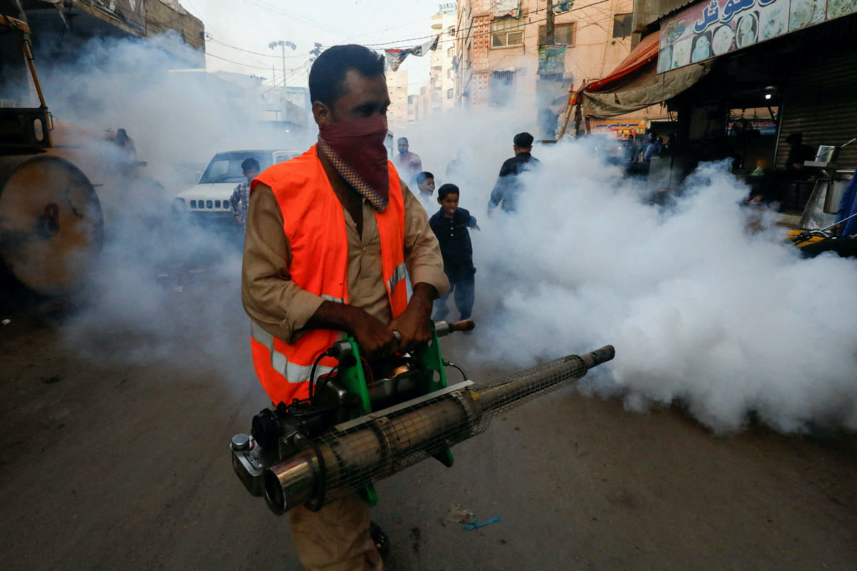 A worker sprays fumigation vapour to stem the spread of Dengue virus in Karachi, Pakistan, on 13th September, 2023