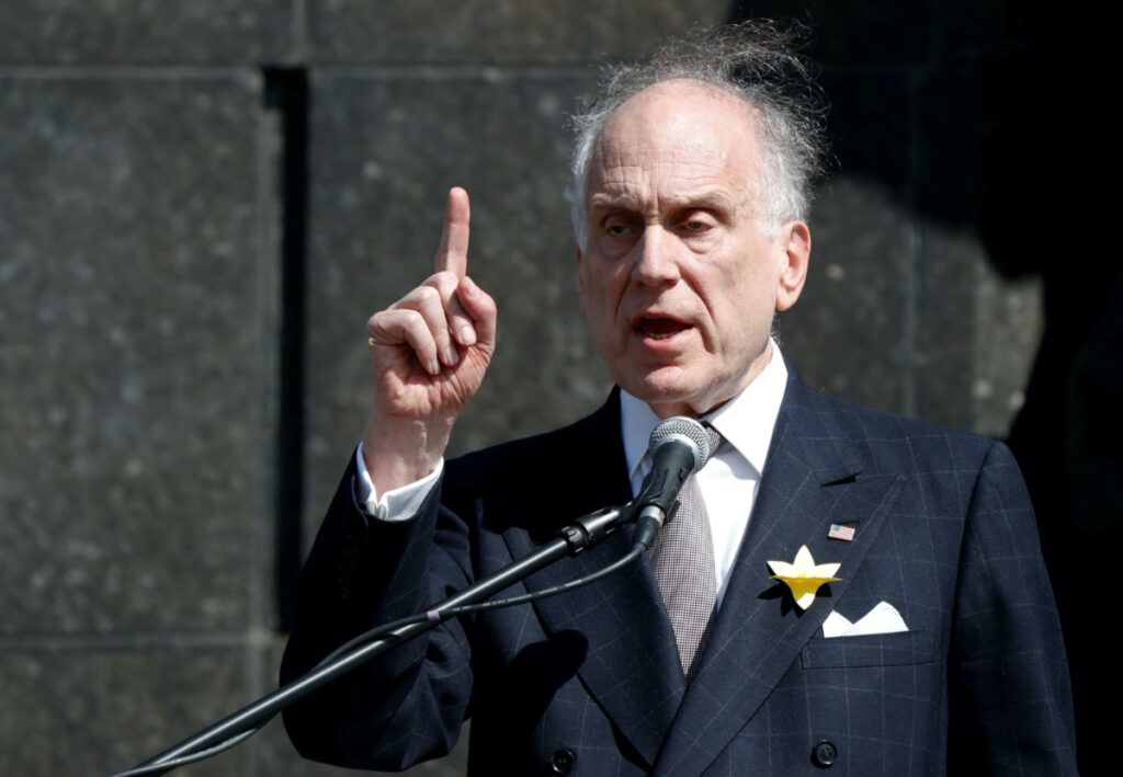World Jewish Congress president Ronald Lauder speaks during a ceremony commemorating the 75th anniversary of the Warsaw Ghetto Uprising, in front of the Museum of the History of Polish Jews, in Warsaw, Poland on 19th April, 2018