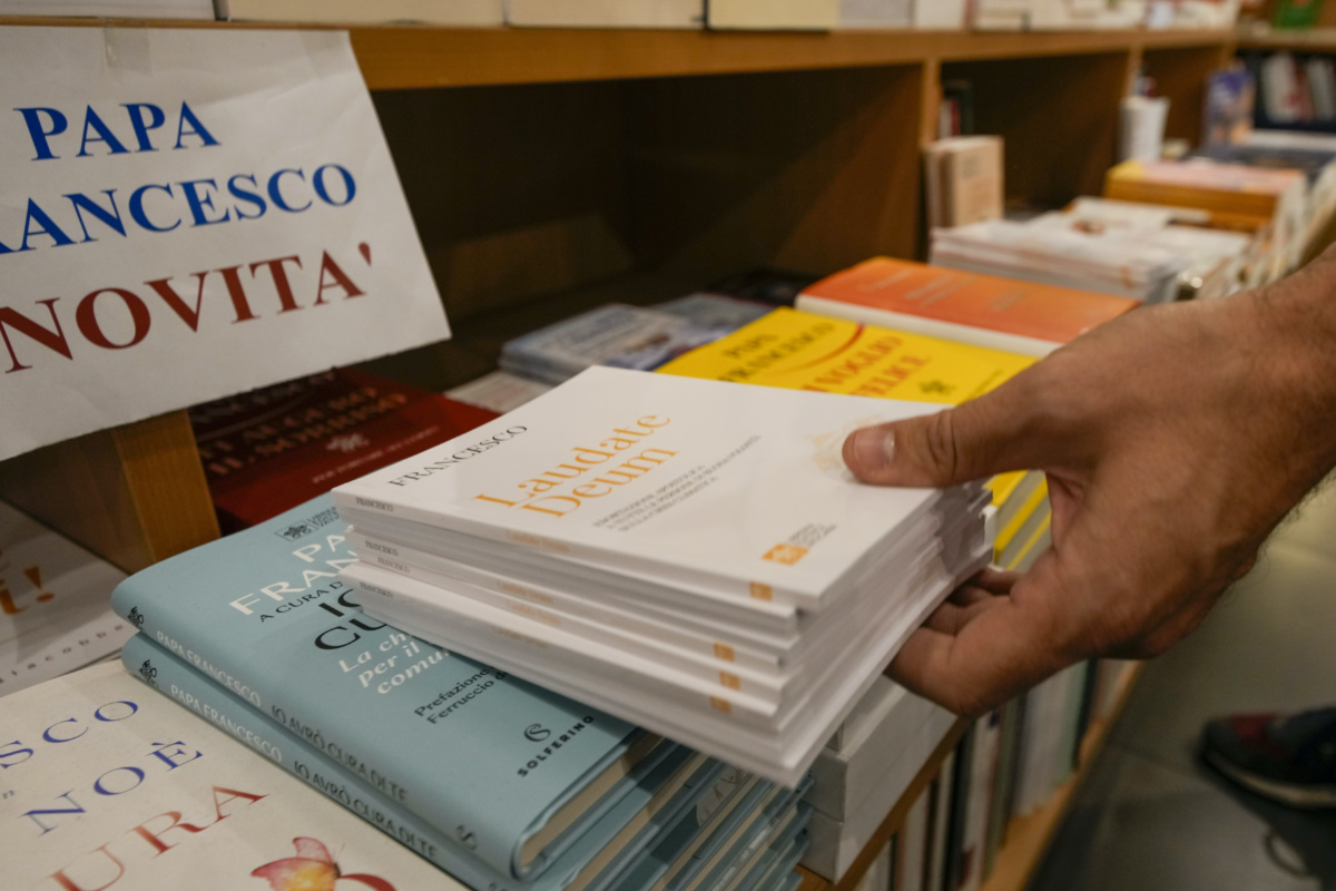 Copies of Pope Francis' latest encyclical letter on environment "Laudate Deum" are prepared for sale in a bookshop in Rome, on Wednesday, 4th October, 2023