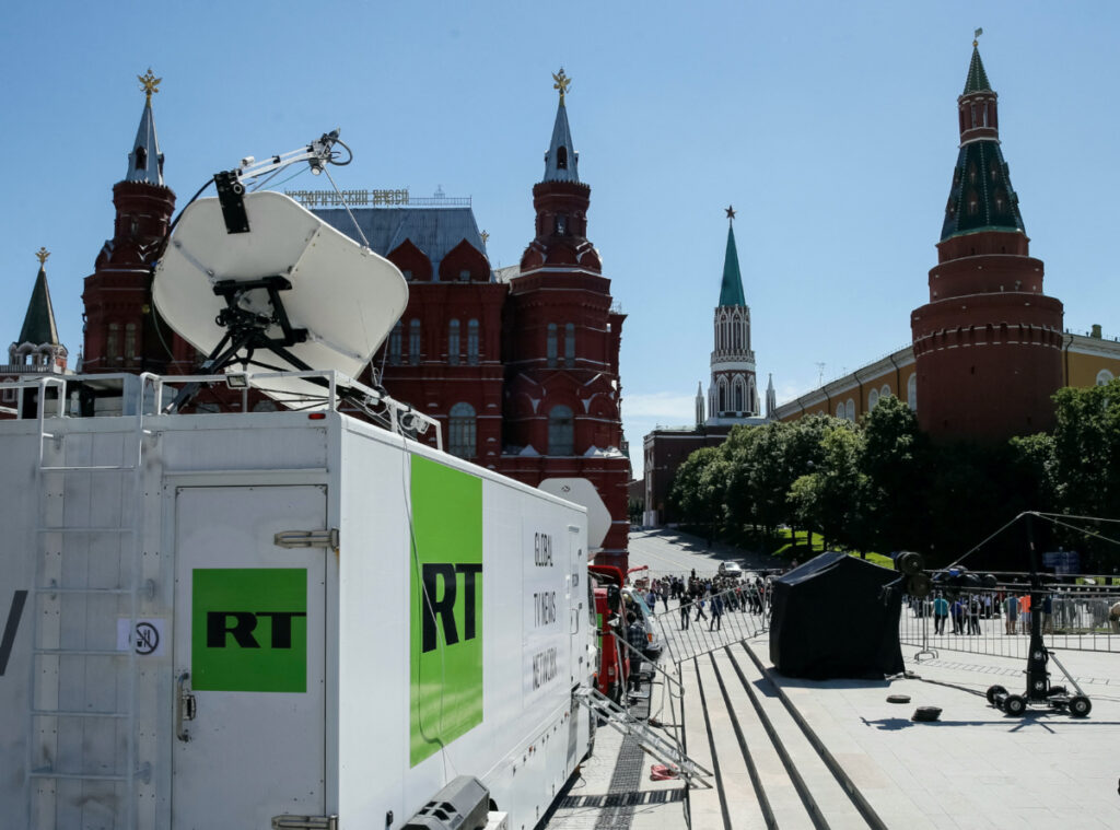 Vehicles of Russian state-controlled broadcaster Russia Today are seen near the Red Square in central Moscow, Russia on 15th June, 2018.