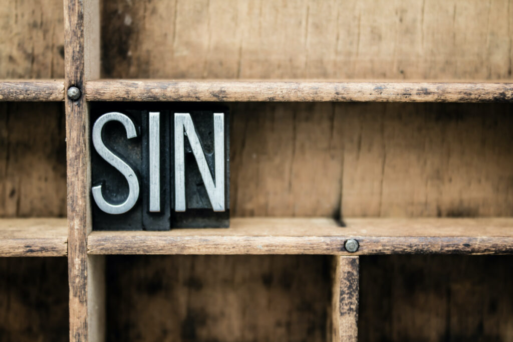 The word "SIN" written in vintage metal letterpress type in a wooden drawer with dividers.