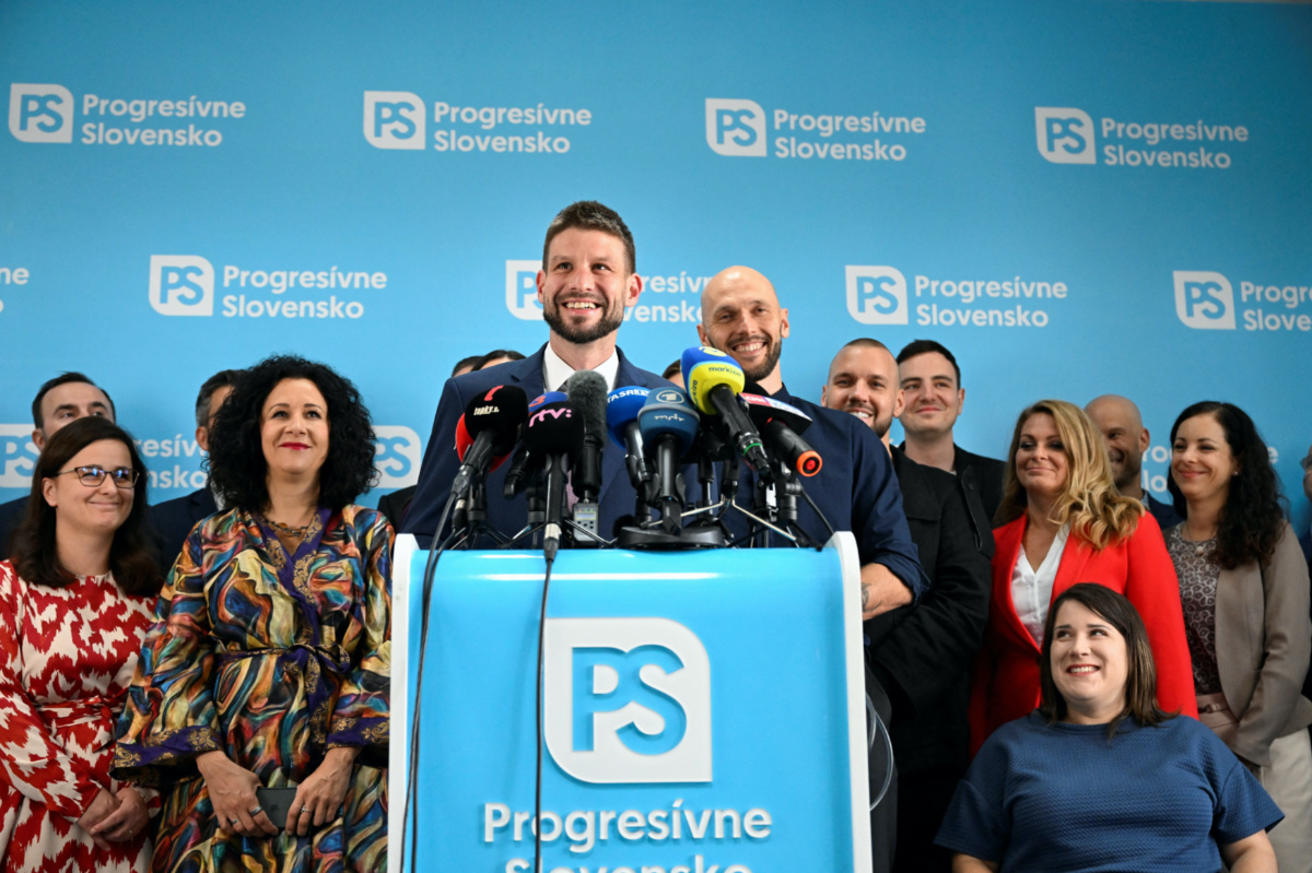 Progressive Slovakia party leader Michal Simecka reacts during a press conference after the country's early parliamentary elections, in Bratislava, Slovakia, on 1st October, 2023.