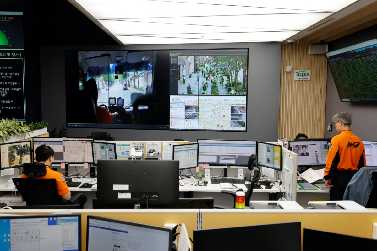 Test footage of closed-circuit televisions run in Gangnam district, equipped with artificial intelligence technology to monitor crowd density and detect early signs of crowd control disasters, is playing in a monitoring room in Seoul City Hall in Seoul, South Korea, on 20th October, 2023