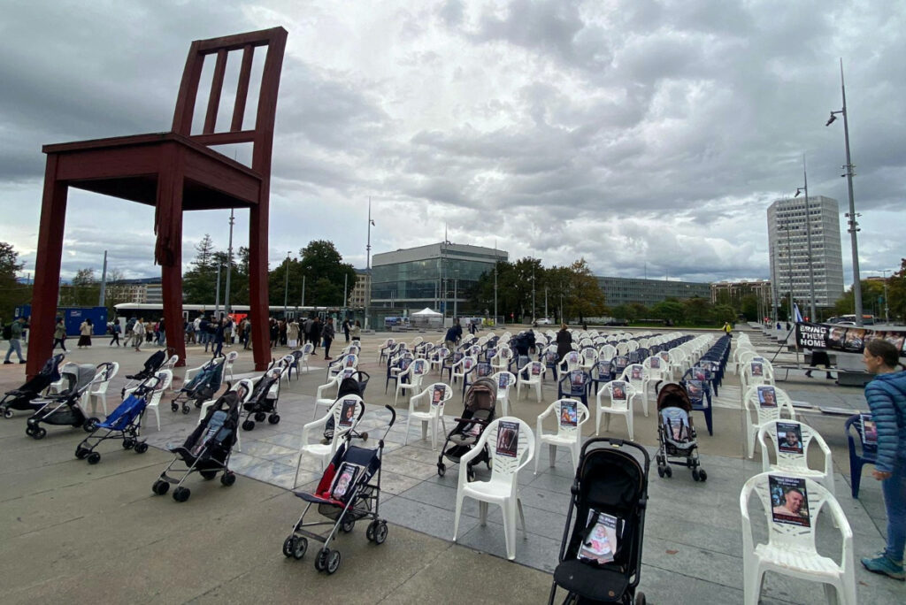 A group of Geneva citizens set up 222 empty chairs and strollers for children that symbolically represent hostages and missing people waiting to come home, following a deadly infiltration of Israel by Hamas gunmen from the Gaza Strip, on Place des Nations in front of the United Nations in Geneva, Switzerland, on 26th October, 2023