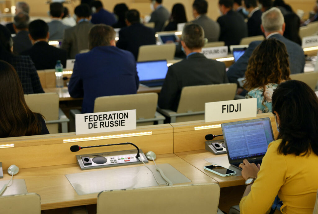 The empty seat for the representative of Russia is pictured during the Human Rights Council special session on the human rights situation in Ukraine, at the United Nations in Geneva, Switzerland, on 12th May, 2022